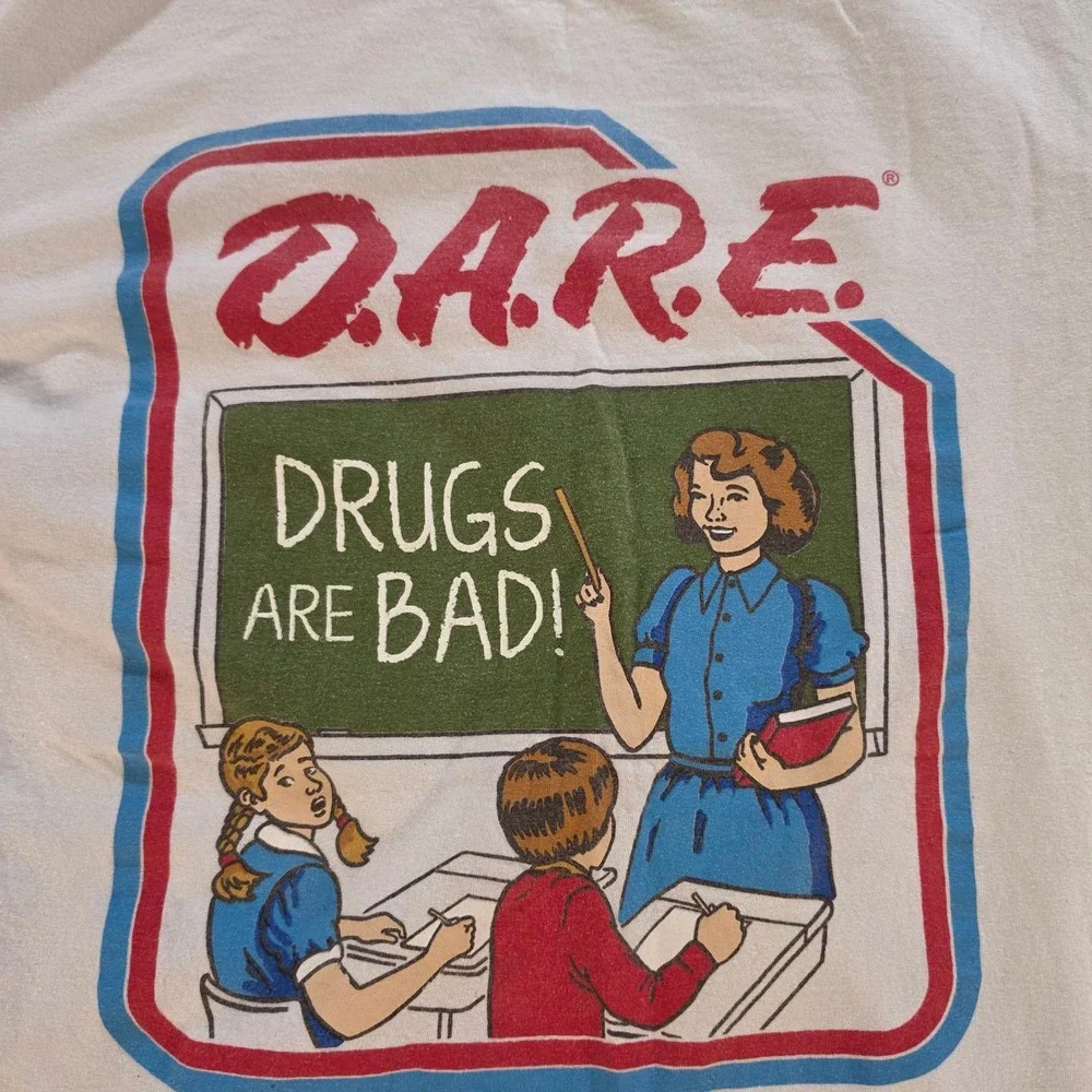 DARE Drugs Are Bad Retro Graphic T-Shirt White Mens Large Retro Cartoon Teacher